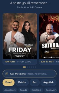 Smart QR menu: tonight's event first in the carousel, the Ask the menu box, and the menu tabs